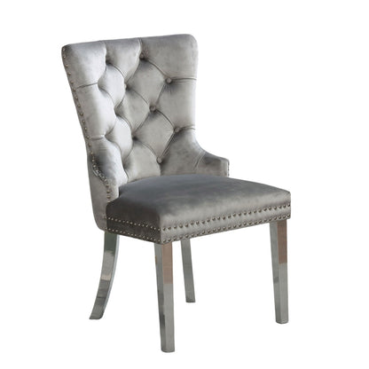 Set of 2 Wingback Dining Chairs, Flannelette Upholstered, Button-Tufted, Chrome Legs, Gray