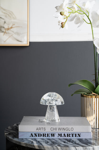 Glass Mushroom Taper Candle Holder, 3.9 x 3.9 x 4.7 in, Modern Tabletop Decor, Desk or Sideboard, Clear