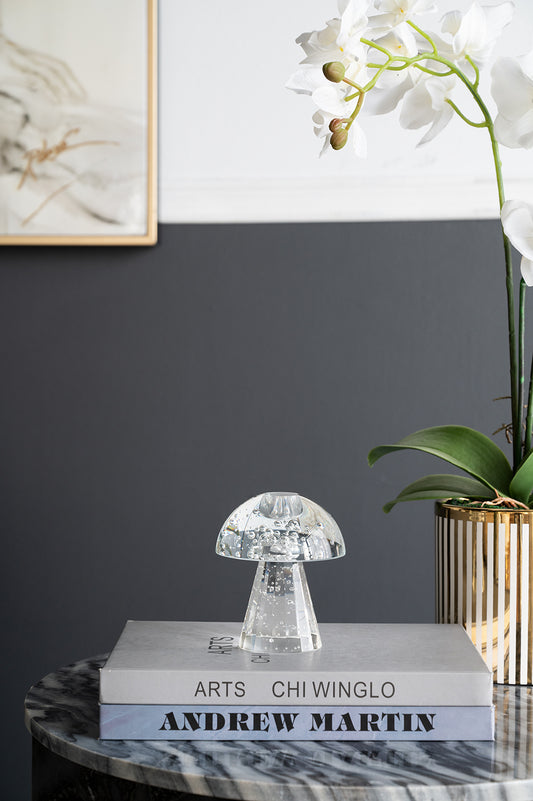 Glass Mushroom Taper Candle Holder, 3.9 x 3.9 x 4.7 in, Modern Tabletop Decor, Desk or Sideboard, Clear
