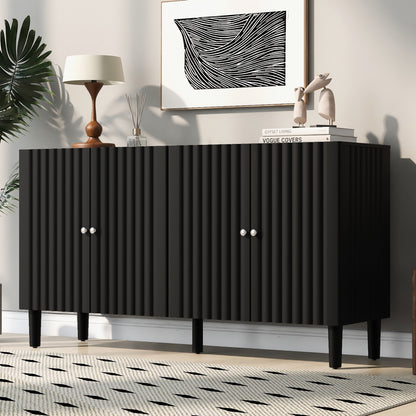 U_STYLE Elegant Four-Door Sideboard with Wavy Pattern Doors, Cylindrical Legs, and Sleek Metal Handles, Adjustable, Suitable for Study, Entryway and Living Room