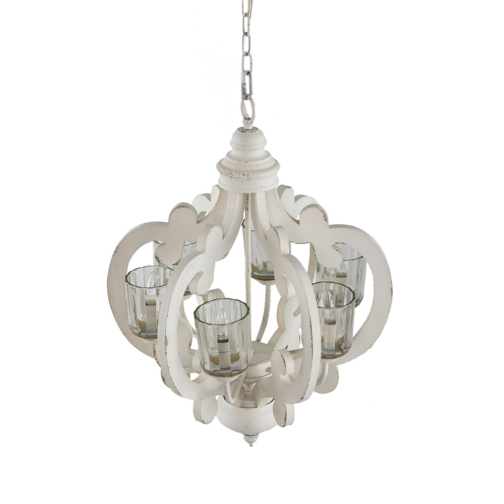 Farmhouse 6-Light Wood Chandelier Pendant with Adjustable Chain for Dining Room and Entryway Cream Finish