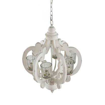 Farmhouse 6-Light Wood Chandelier Pendant with Adjustable Chain for Dining Room and Entryway Cream Finish