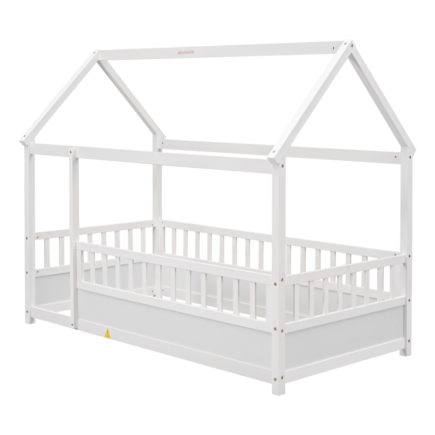Whimsical Twin Floor Bed with House Roof and Safety Guardrails in White