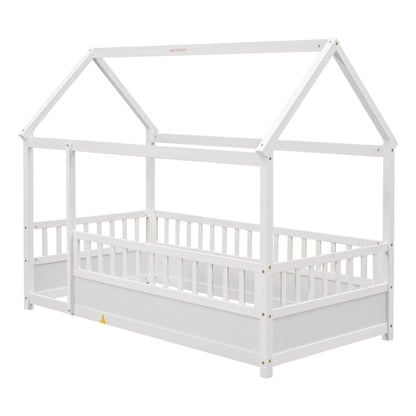 Whimsical Twin Floor Bed with House Roof and Safety Guardrails in White