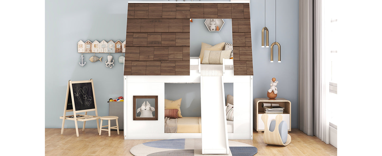 Wooden Twin House Bunk Bed with Roof, Ladder, and Slide in White and Brown