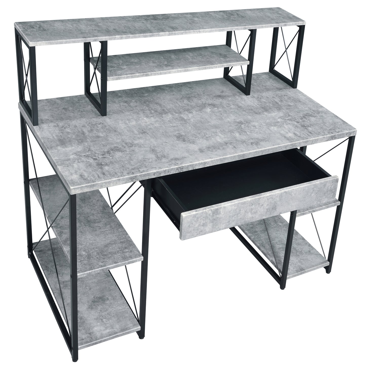 Modern Grey and Black Writing Desk with Open Storage and Hutch