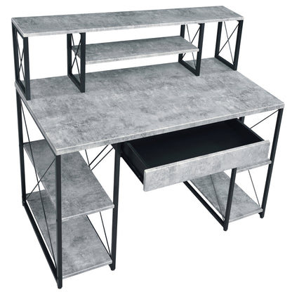Modern Grey and Black Writing Desk with Open Storage and Hutch