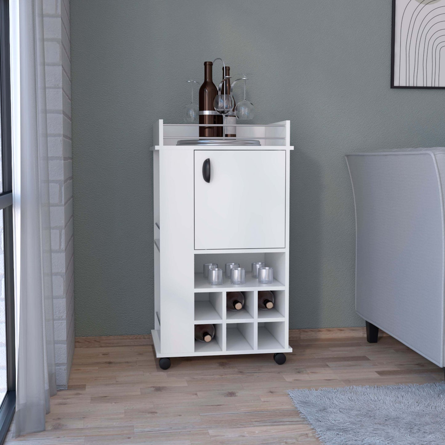 White Bar Cart With 6 Wine Racks And Rolling Casters