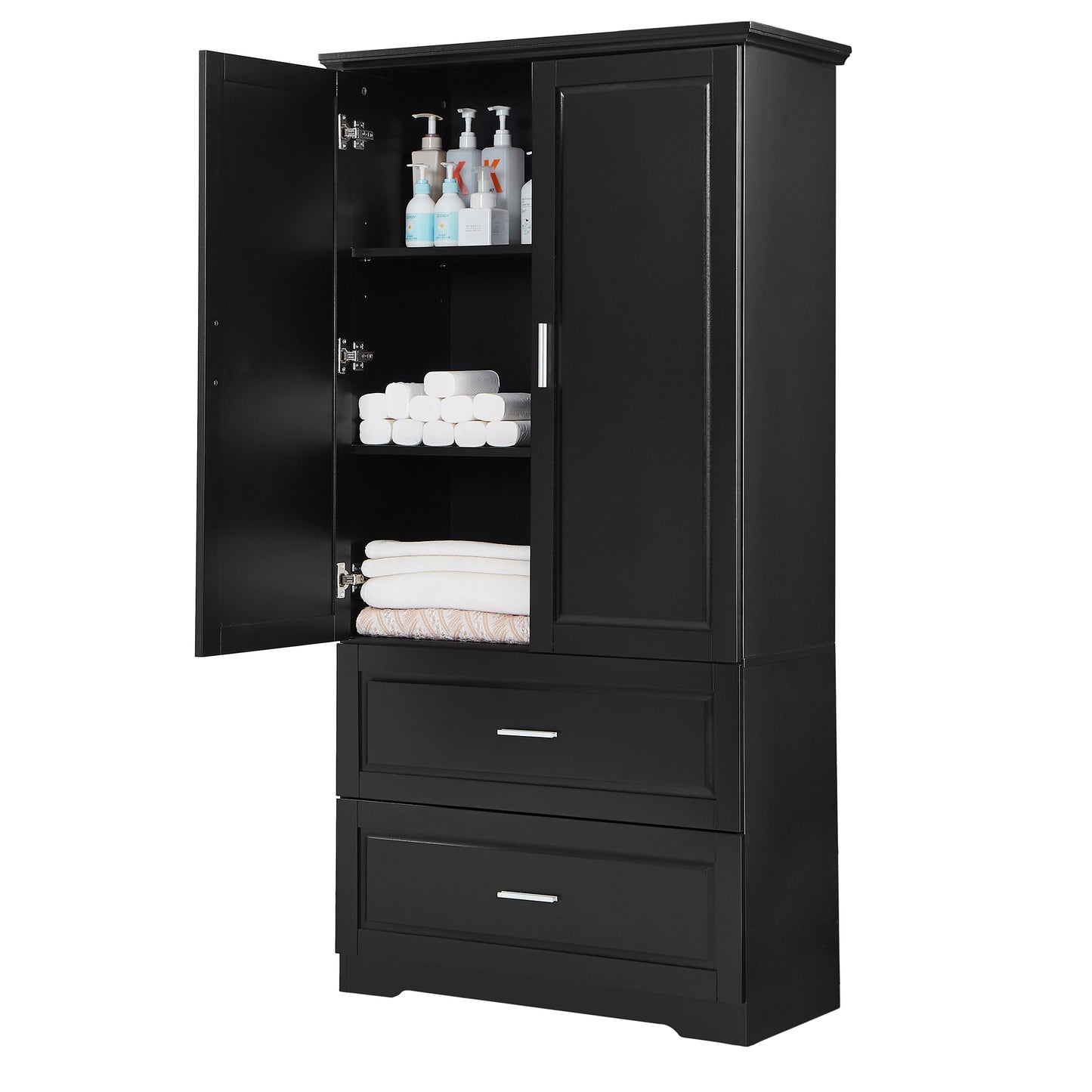 Black Tall Storage Cabinet with Adjustable Shelves, Doors, and Drawers - MDF Construction