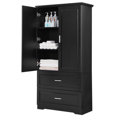 Black Tall Storage Cabinet with Adjustable Shelves, Doors, and Drawers - MDF Construction