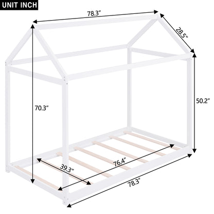 White Twin Size Pine Wood House Bed for Kids