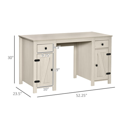 Cream White Farmhouse Style Computer Desk with Storage Drawers and Cabinets for Home Office