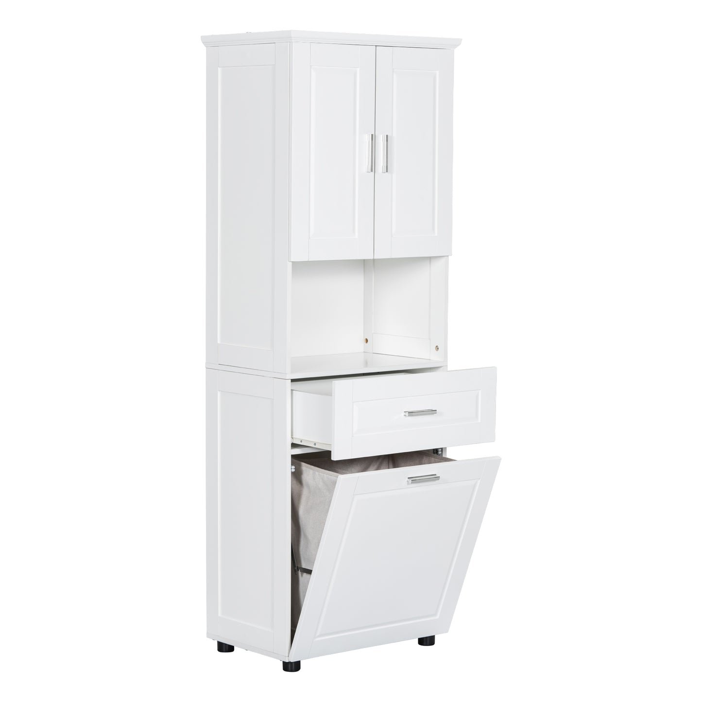 White Tall Storage Cabinet with Tilt-Out Laundry Hamper and Upper Shelves