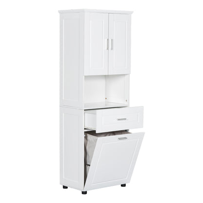 White Tall Storage Cabinet with Tilt-Out Laundry Hamper and Upper Shelves