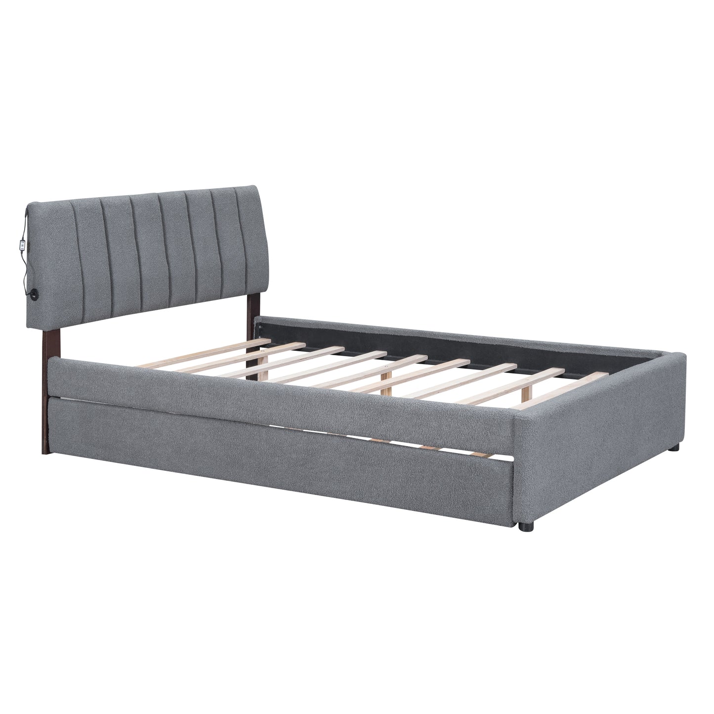Luxurious Gray Upholstered Full Size Platform Bed with Twin Trundle and LED Lights