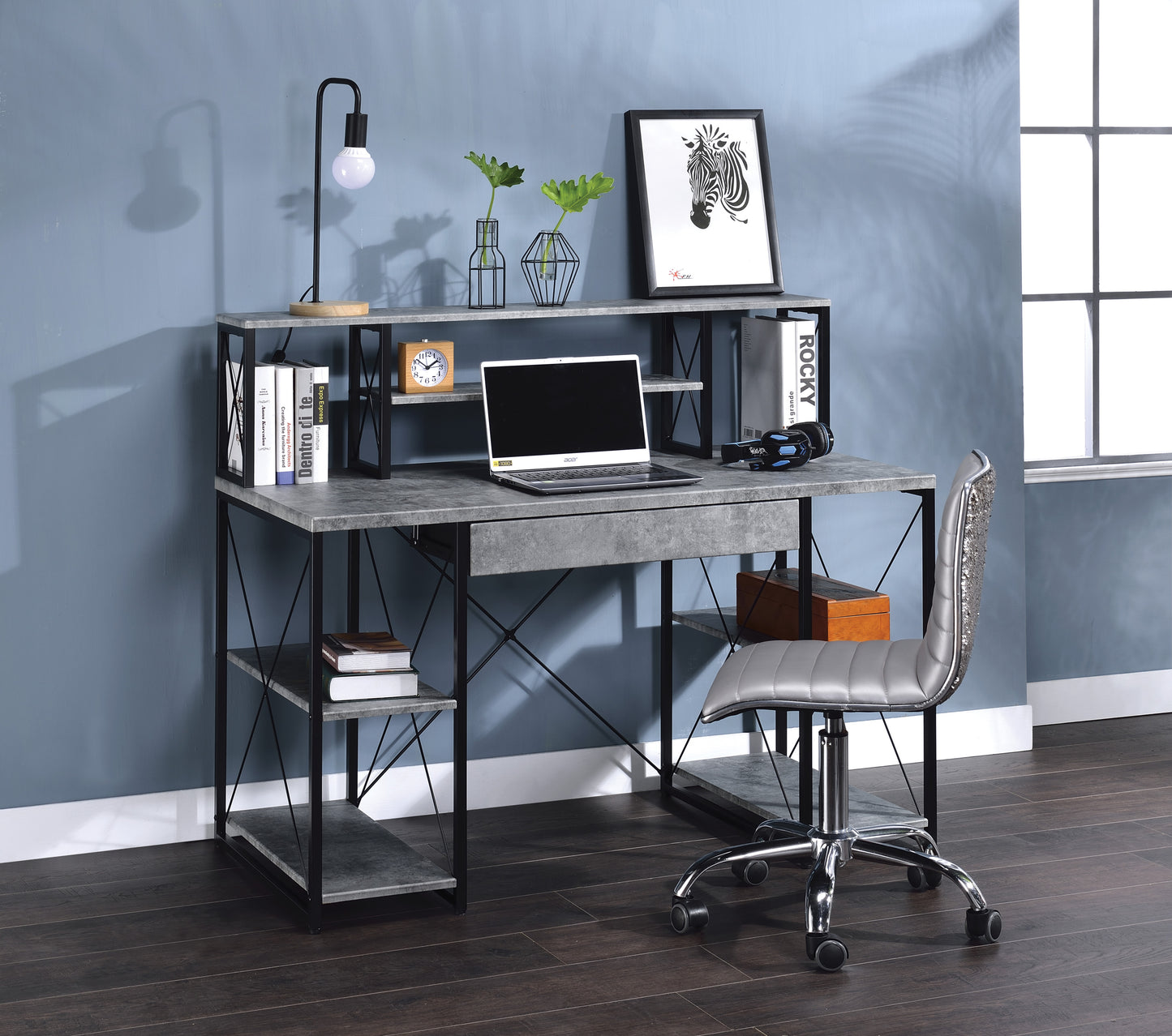 Modern Gray Finish Versatile Writing Desk with Ample Storage