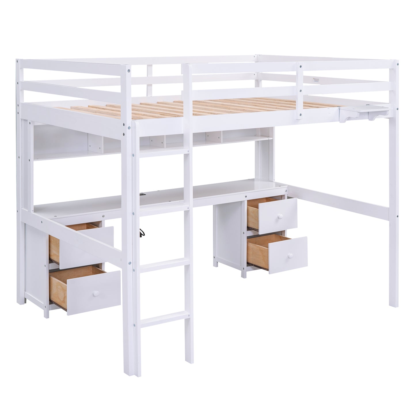 White Full Size Loft Bed with Integrated Desk, Storage Drawers, Bedside Tray, and Charging Station