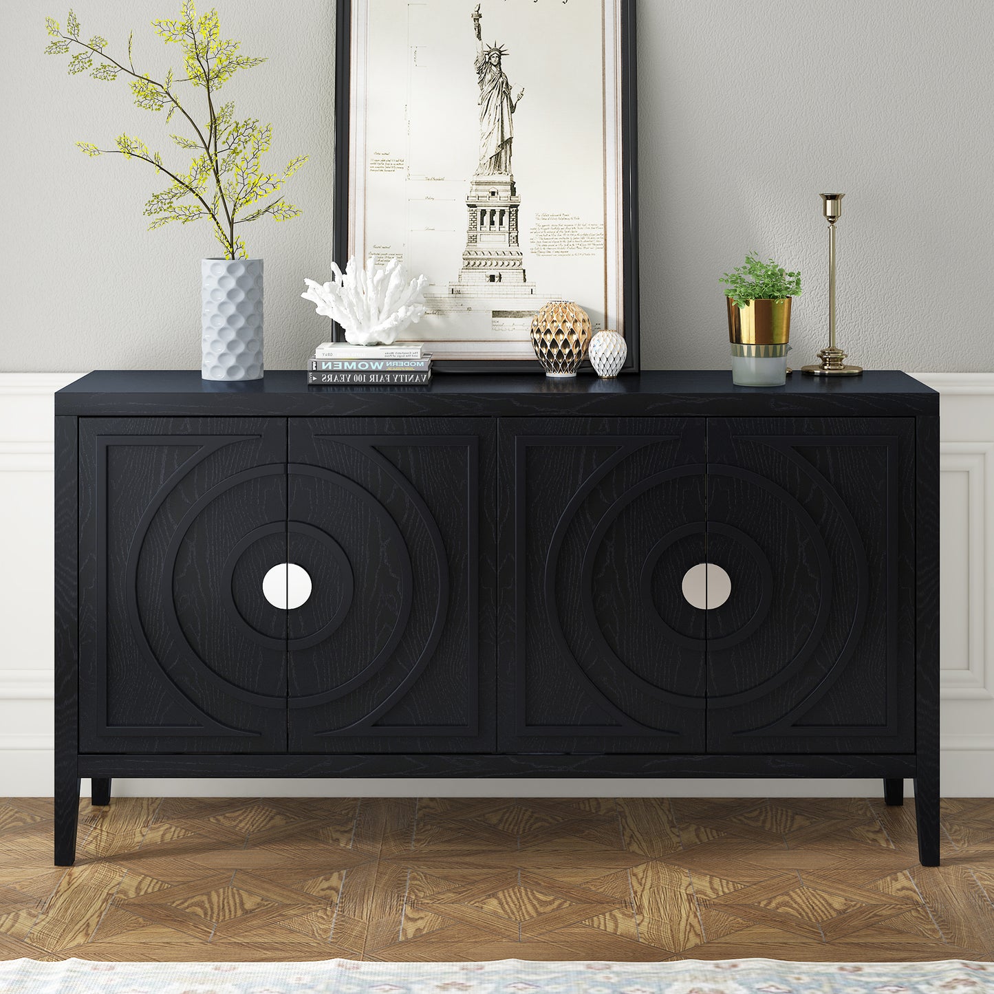 TREXM Retro Sideboard door with Circular Groove Design Round Metal Door Handle for Entrance, Dinning Room, Living Room (Black)