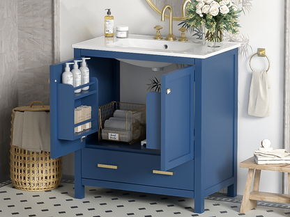 30-Inch Elegant Blue Bathroom Vanity with Ceramic Sink, Stylish Storage Cabinet Featuring Soft-Close Doors and Multifunctional Drawers