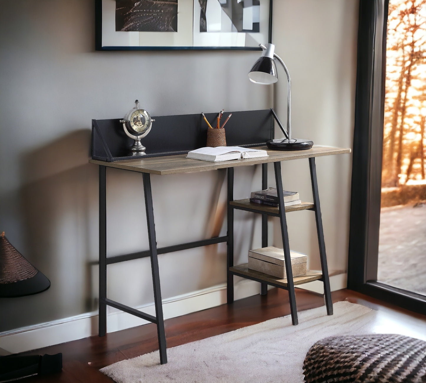 Modern Rustic Oak Writing Desk with Black Metal Legs and Storage Shelves