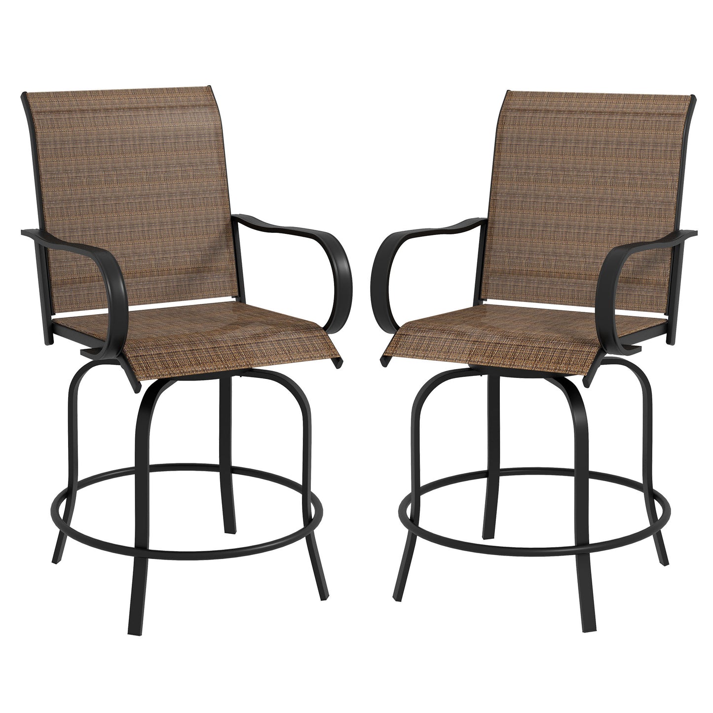 Set Of 2 360 Swivel Outdoor Bar Height Chairs With Armrests Mesh Fabric Steel Frame Stools Tan