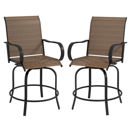 Outdoor Bar Stools With Armrests Set Of 2 360° Swivel Height Patio Chairs For Balcony Poolside Steel Frame Mesh Brown