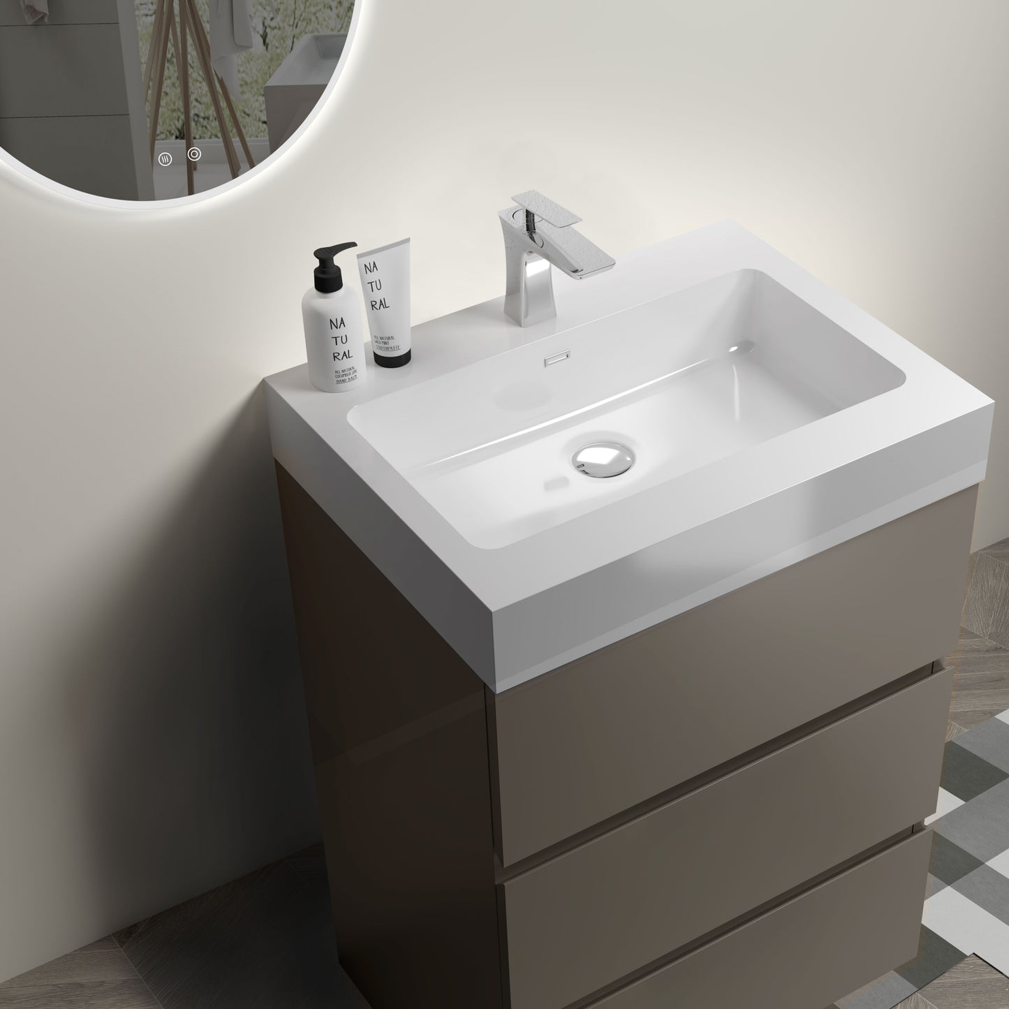 Contemporary 24" Gray Freestanding Bathroom Vanity with Glossy White Sink, Efficient Storage Solution with Silent Drawers, Pre-assembled Design