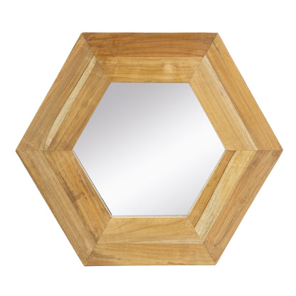 Hexagonal Teak Wood Framed Mirror - 18.5” Wall Decor for Living Room, Bathroom, or Hallway
