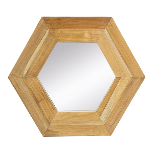 Hexagonal Teak Wood Framed Mirror - 18.5” Wall Decor for Living Room, Bathroom, or Hallway