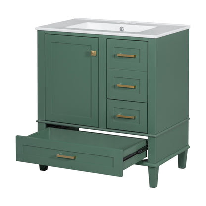 30" Stylish Green Bathroom Vanity with Soft-Close Doors and Sink Combo, Modern Cabinet Featuring 3 Spacious Drawers and Solid Wood Frame