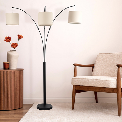 3-Arm Metal Arc Floor Lamp with Linen Shade, 73-Inch Reach, 4-Way Rotary Switch, Oil-Rubbed Bronze