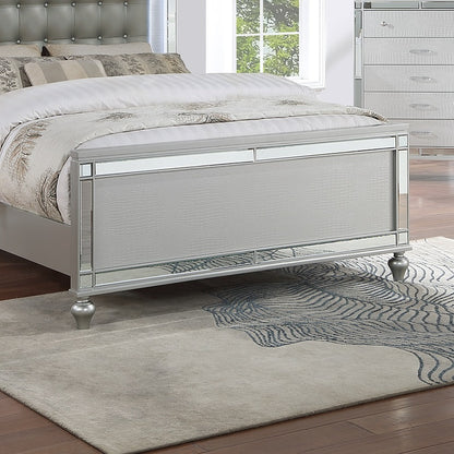 Elegant Silver Tufted Faux Leather Queen Bed with LED Lighting and Mirrored Accents