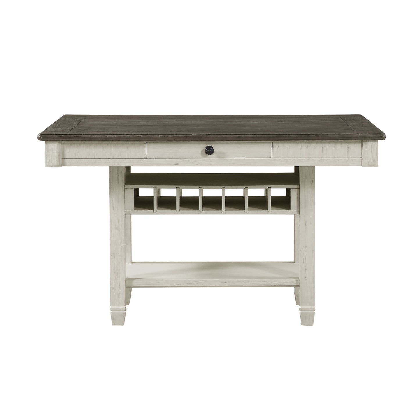 Antique White and Rosy Brown 1pc Counter Height Table with Storage Drawers Display Shelf Wine Rack Casual Dining Furniture