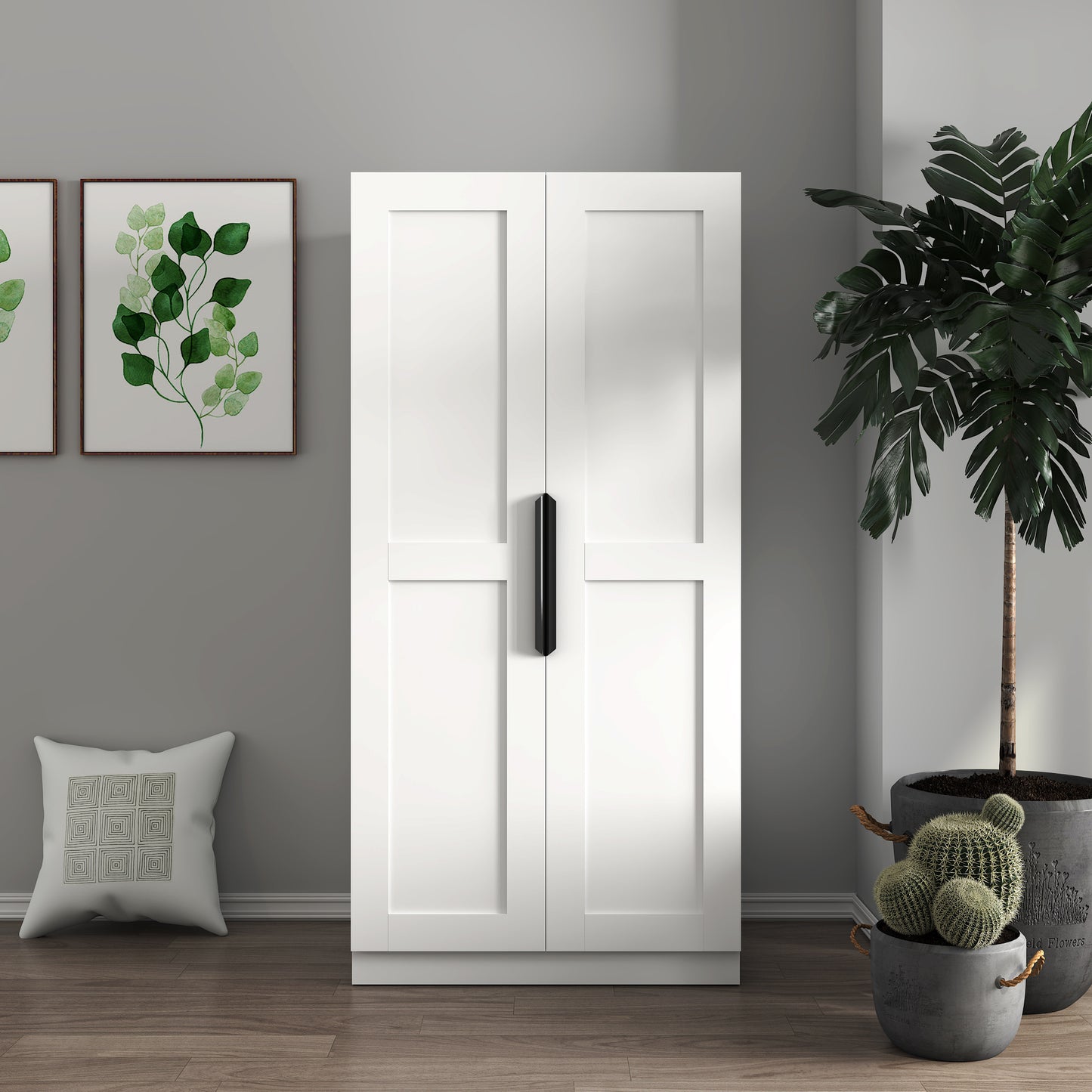 Elegant 62.99” White Freestanding Kitchen Pantry Cabinet with Multi-Level Shelves and Doors for Modern Living Spaces