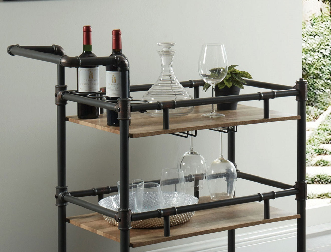 Rustic Industrial Three Tier Serving Cart Oak Finish Frame