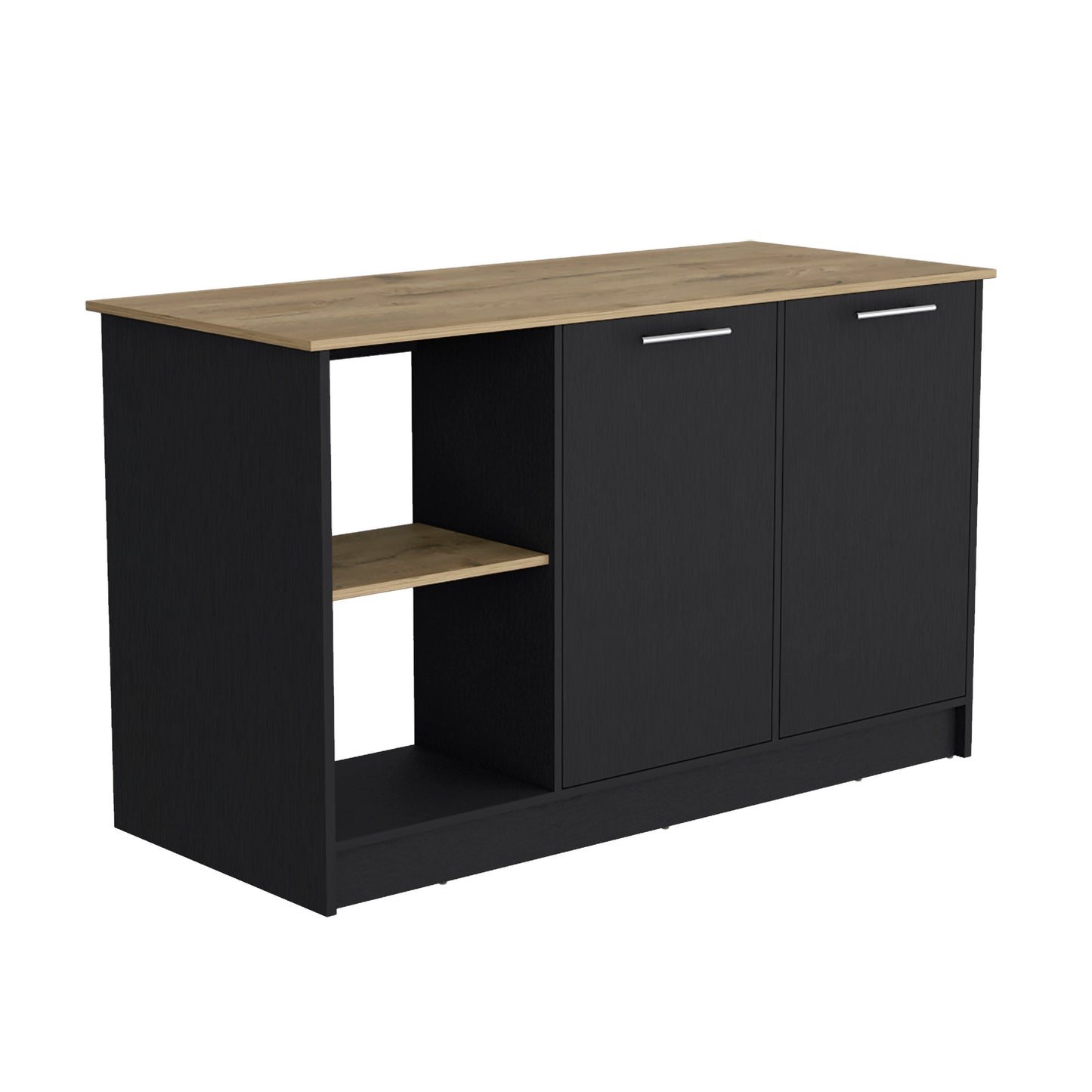 Spacious Black and Macadamia Kitchen Island with Open Shelves and Double Door Storage
