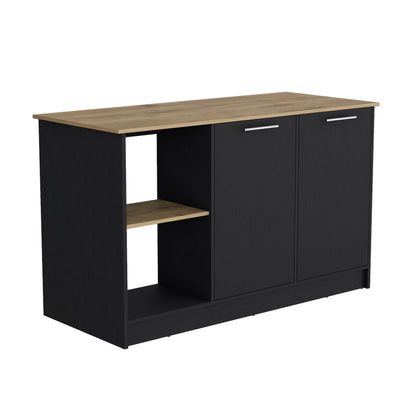 Spacious Black and Macadamia Kitchen Island with Open Shelves and Double Door Storage