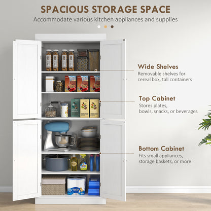 Elegant 72.5" White Freestanding Kitchen Pantry with Adjustable Shelves and 4 Doors