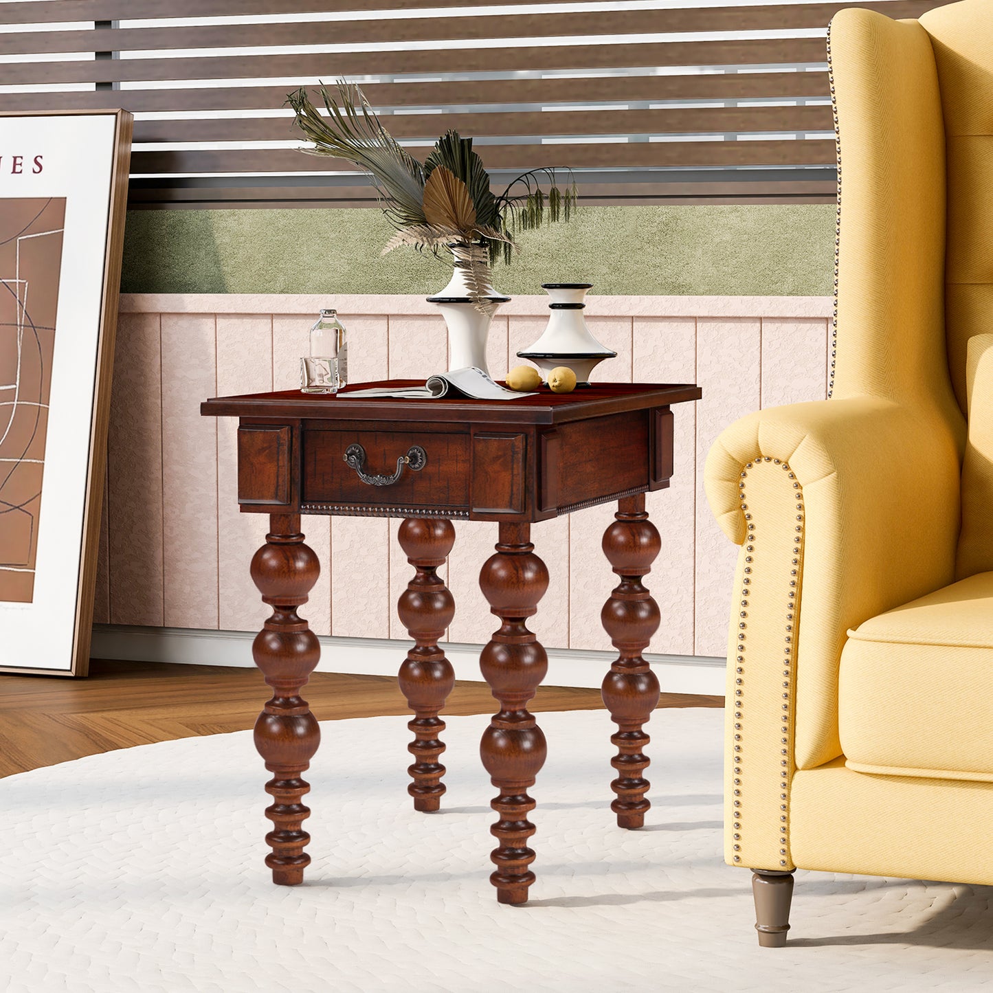 Solid Wood End Table with Drawer for Sofa, 18 x 24 x 23 in, Vintage Side Table, Easy Assembly Walnut