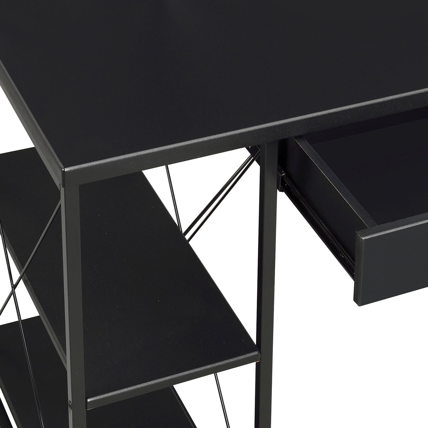 Modern Black Writing Desk with Open Storage and Metal Base