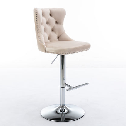 Swivel Velvet Bar Stools Adjustable Height Beige Chrome Base