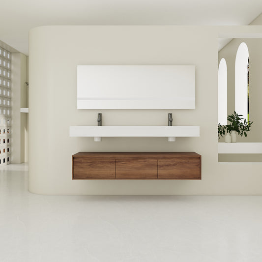 Contemporary 60-Inch Wall-Mounted Bathroom Vanity with Dual Resin Sinks, Soft-Close Drawers, and Floating Design