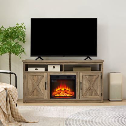 Farmhouse TV Console with Electric Fireplace for 65-Inch TV, Barn Doors, Cable Management, Gray Wash