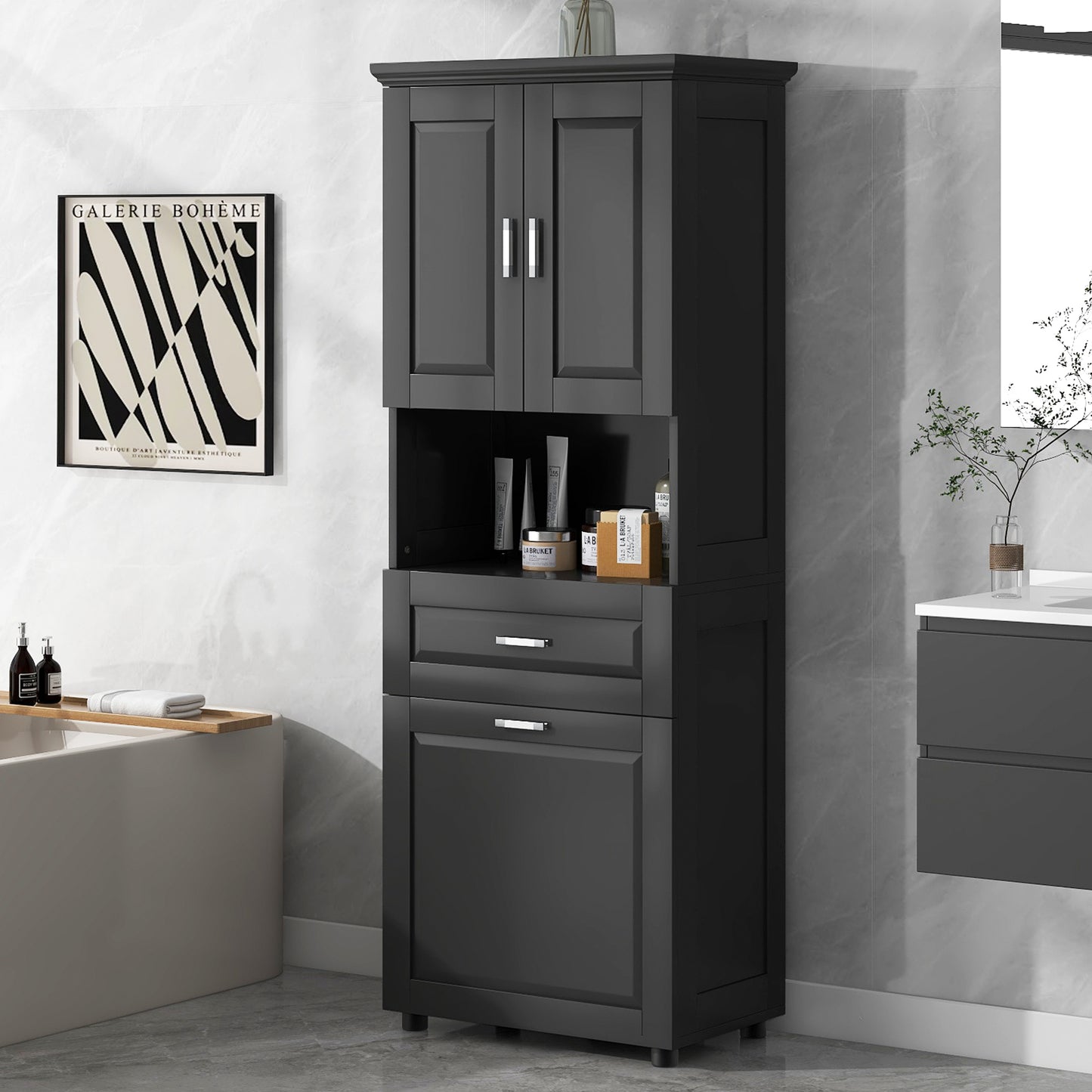 Stylish Tall Black Bathroom Storage Cabinet with Removable Laundry Basket and Ample Organizing Space