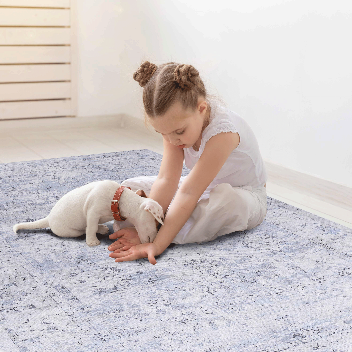 8x10 Machine-Washable Area Rug, Low-Pile, Non-Slip, Foldable, Kid & Pet Friendly - Blue & Cream