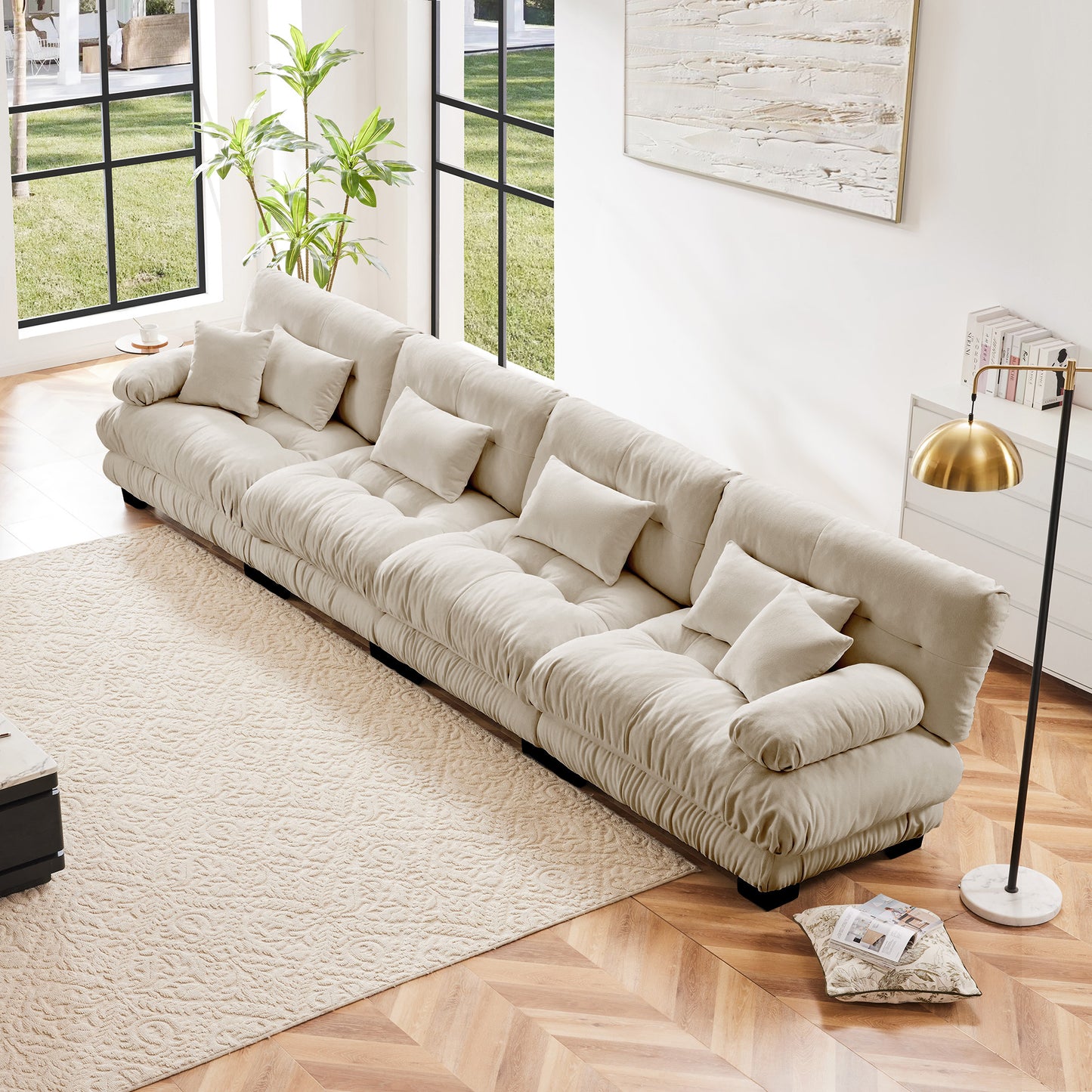 Modular 4-Seater Chenille Sectional Sofa with Deep-Seat Cushions, Living Room Couch, Apt Light Coffee