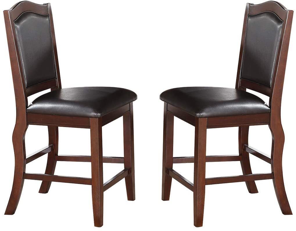 Dark Brown Wood Finish Set of 2 Counter Height Chairs Faux Leather Upholstery  Seat Back Kitchen Dining Room Chair