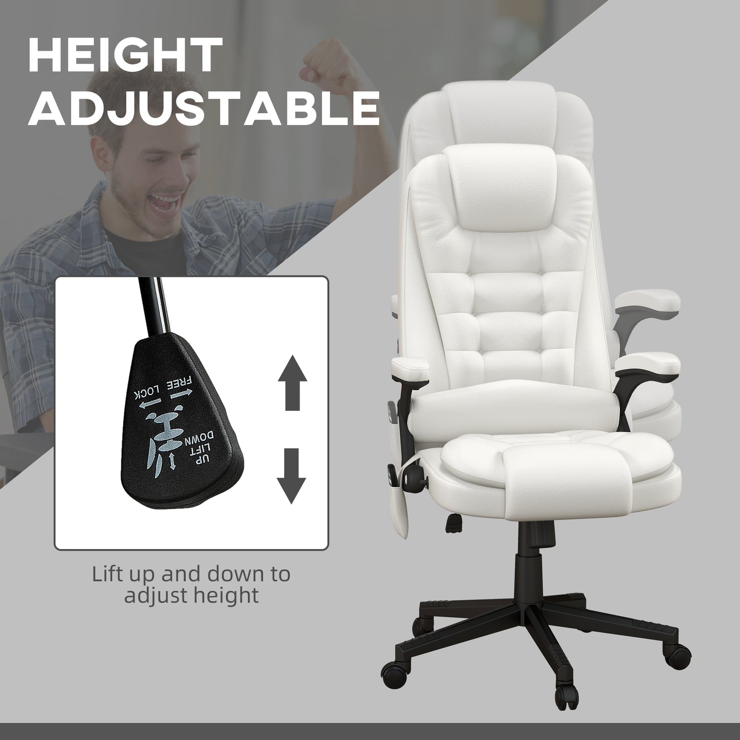 Ergonomic High Back Massage Office Chair with Heated Recline and Remote Control, White PU Leather