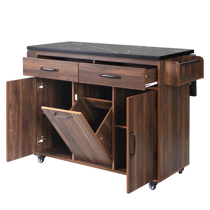 Walnut Brown Rolling Kitchen Island with Drop Leaf, Trash Can Storage, Spice & Towel Racks, and Adjustable Shelves