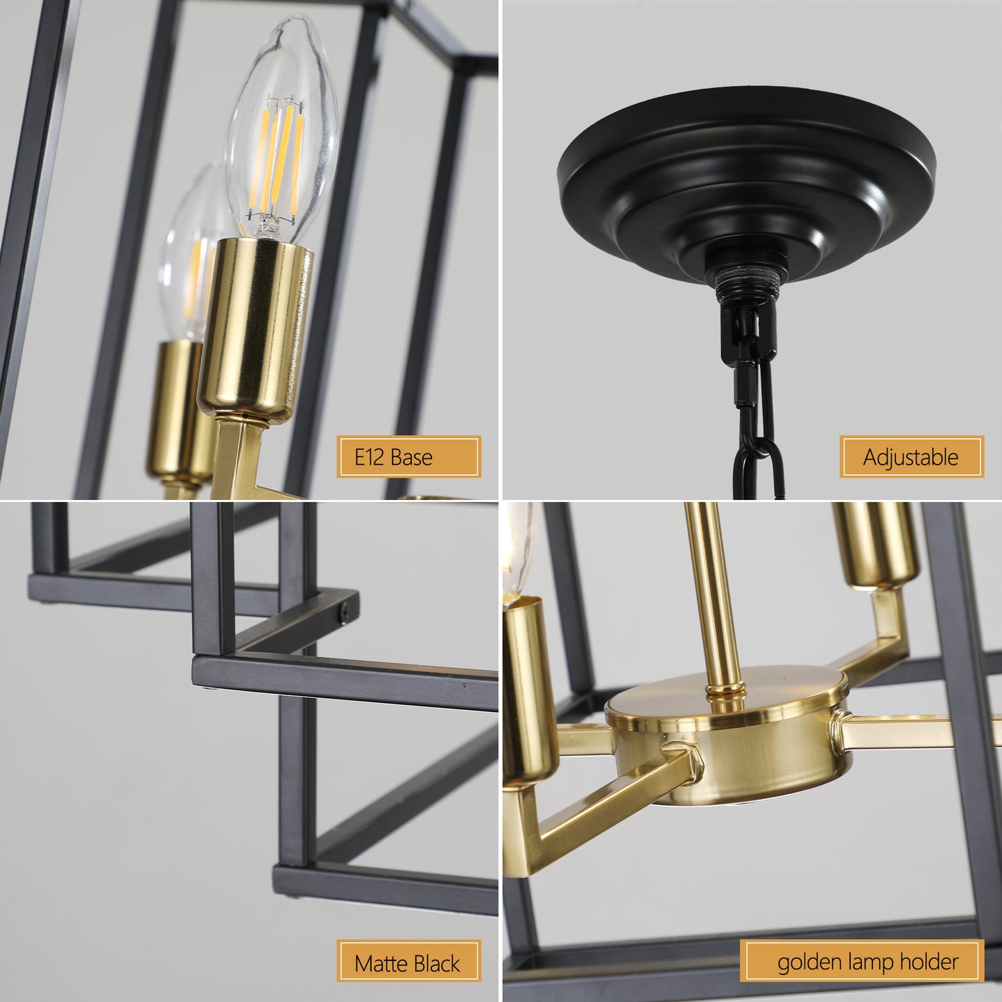 8-Light Lantern Pendant Industrial Farmhouse Chandelier Kitchen Island 60in Adjustable Boom Black & Gold